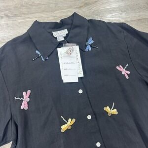 VTG Casey Coleman 1X Black Linen Embroidered  Beaded Dragonflies Button Down